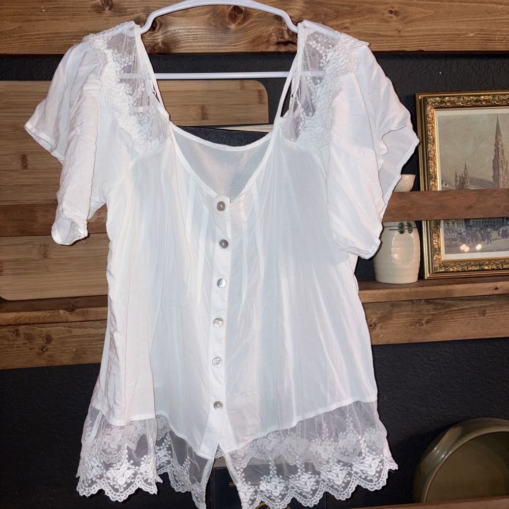 Women's S Romantic Lace Button Crop Bohemian White Shirt Festival Wear